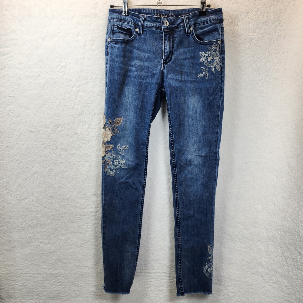 Y2K Grace In LA Floral Embroidered Skinny Jeans‎ Womens 28 Boho Western Festival